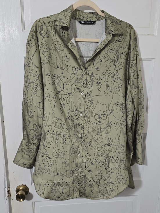 Zara Jackets & Blazers - Zara Women’s Light Olive Dog-Print Button-Up Shirt Jacket